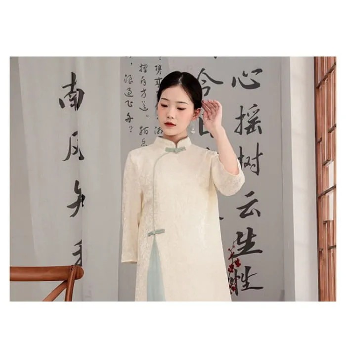 Flared-Sleeve Two Tone Maxi Hanfu Dress / Mid Rise Plain Wide Leg Pants